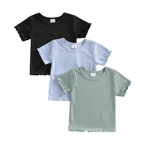 Image of Himllauen Kid Summer Solid Color T-Shirt Toddler Ribbed Ice Silk Short Sleeve Round Neck Loose Fit Boy Girl 3 Pcs Casual Baby Tops Streetwear (Blue Black Green, 3-4 Years)