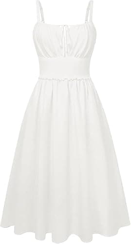 Image of Belle Poque Summer Dresses for Women UK Square Neck Spaghetti Strap A-Line Midi Sundress Casual Holiday Beach Dress White M