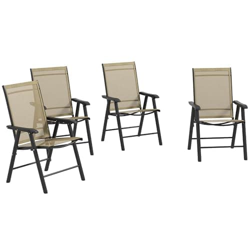 Image of Outsunny Set of 4 Folding Garden Chairs, Metal Frame Garden Chairs Outdoor Patio Park Dining Seat with Breathable Mesh Seat, Light Brown