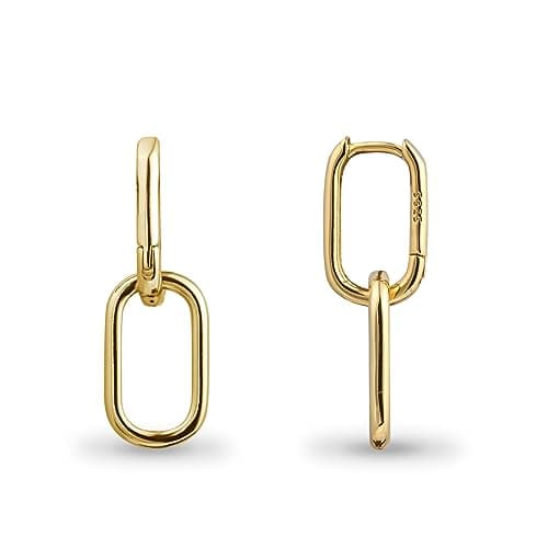 Image of 925 Sterling Silver Double Ring Oval Huggie Hoop Earrings for Women,Gold Plated Hoop Hypoallergenic Earrings for Sensitive Ears, Square Hoop Earrings for Women Gifts