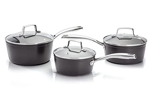 Image of Stellar Rocktanium 3 Piece Set of Non-Stick Pans, Induction Ready, 16cm, 18cm & 20cm Saucepans with Glass Lids, Dishwasher Safe, Rock Hard QuanTanium Non-Stick