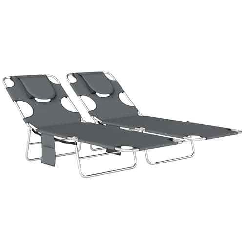 Image of Outsunny Foldable Sun Loungers Set of 2, Beach Chaise Lounge with Reading Hole, Arm Slots, 5-Position Adjustable Backrest, Side Pocket, Pillow for Garden, Beach, Camping, Dark Grey
