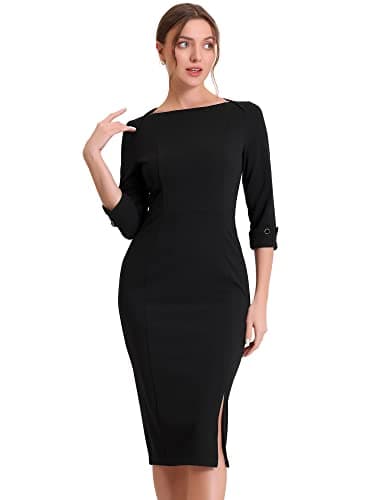 Image of Allegra K Women's Boat Neck Dress 3/4 Sleeves 2026 Midi Split Elegant Sheath Dresses Black M
