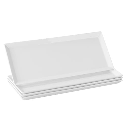 Image of DOWAN Large Serving Platter, 14.5"/36.8cm White Rectangle Dinner Plates Porcelain, Suitable for Appetizers, Meat, Dessert, Pasta, Buffets, Party, Dishwasher & Microwave Safe, Set of 4, Soft White