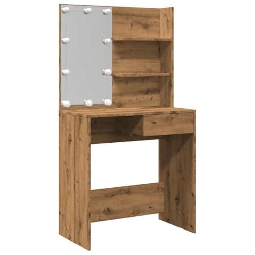 Image of RCODSSK Artisan Oak Dressing Table with Mirror, 74.5x40x141 cm, Engineered Wood Makeup Table with LED USB Bulbs, Storage Drawer and Two Open Shelves
