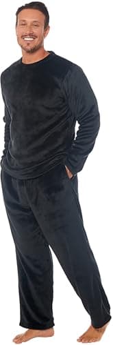 Image of MICHAEL PAUL Mens Soft & Cosy Fleece Pyjamas | Warm PJ Set Nightwear Sleepwear Loungewear Modern Set with Check Bottoms | Soft Twosie Pyjama Set for Men Gifts for Him Black M
