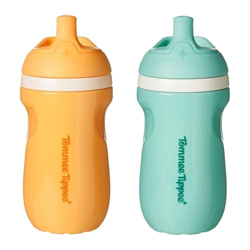 Image of Tommee Tippee Insulated 9oz Sporty Spout Toddler Water Bottle, No Spill, Sippy Cups for Toddlers 1-3, Two-Piece Valve Helps Stop Spills, Light Blue & Orange, BPA Free, Pack of 2