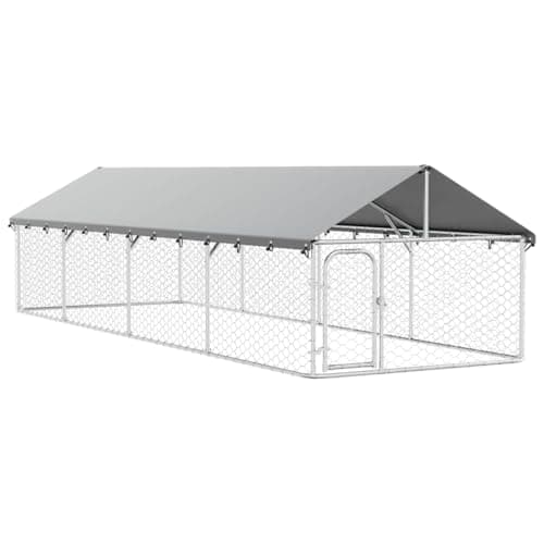 Image of vidaXL Large Outdoor Dog Kennel with Roof and Lockable Door - Galvanized Steel Frame with Protective UV and Fire-Resistant Canopy - Silver