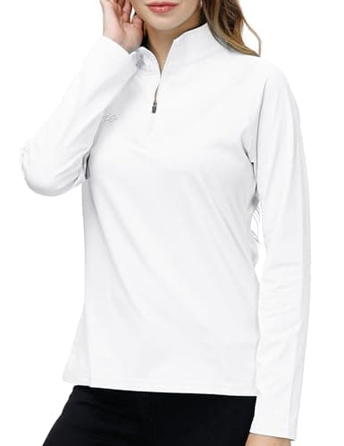 Image of AjezMax Women's Long Sleeve Running Yoga Top 1/4 Zip Lightweight Run Jogger Gym Workout Sports Exercise T-Shirts White Size L