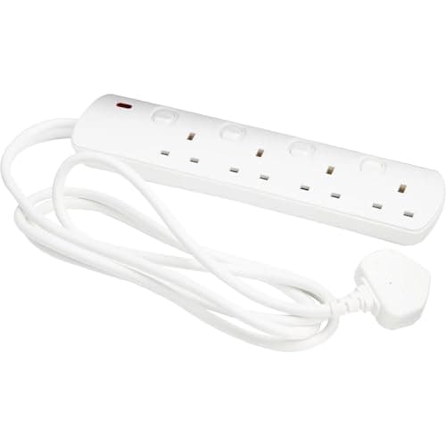 Image of Mercury Extension Lead with Switches, 2 Metre 4 Gang Extension Lead with Individual Switches, UK Switched Extension Cable, Wall Mountable Power Strip with Fused Plug, White