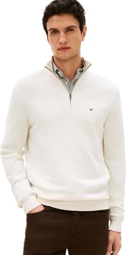 Image of Tommy Hilfiger Men’s Essential Cotton Half Zip Jumper, Off-White (Ivory Petal), XL
