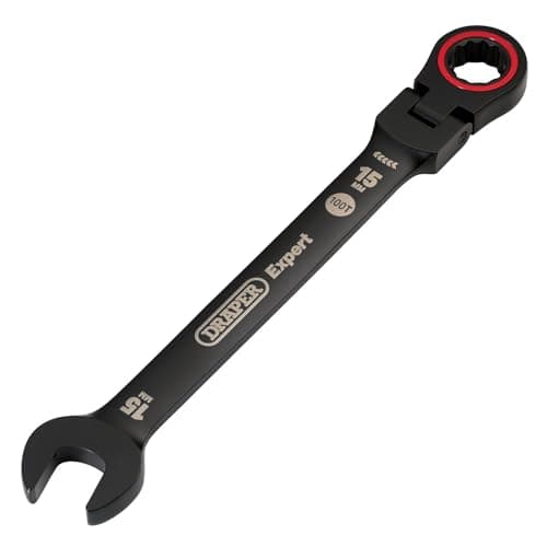 Image of Draper 03922 Expert HI-TORQ Metric Flexible Head Ratchet Combination Spanner, 15mm, Black