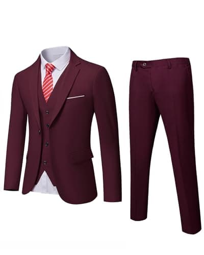 Image of YND Men's Slim Fit 3 Piece Suit, One Button Jacket Vest Pants Set with Tie, Solid Party Wedding Dress Blazer, Tux Waistcoat and Trousers Burgundy