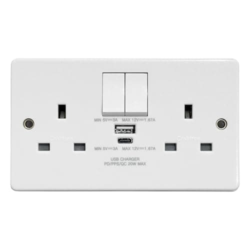Image of Crabtree USB Double Socket Dual Charger Switched 2 Gang Plug White USB-C & USB-A 4306/USBC