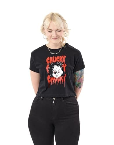 Image of Chucky Womens Black Graphic Tee | Crop Short Sleeved T-Shirt | Horror Movie Doll Print | Creepy Crop Top for Women | Cult Classic Merchandise | Halloween Fashion Shirt for Her