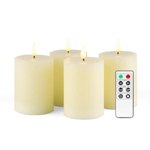 Image of Fanna Flameless LED Pillar Candles with Timer for Wreath, Battery Operated Rustic Wax Candles with Remote for Christmas, 8 Batteries Included - Set of 4 (D 7.5cm x H 10cm) - Ivory