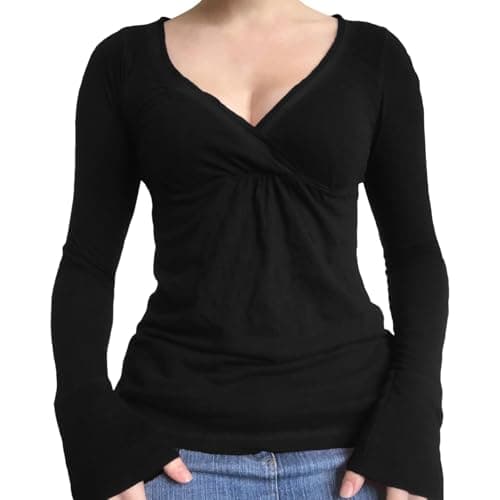 Image of Women Fairy Grunge Wrap V-Neck Tops Solid Color Y2k Long Sleeve Slim Fit Top Aesthetic Shirts Streewear (A-Black, S)