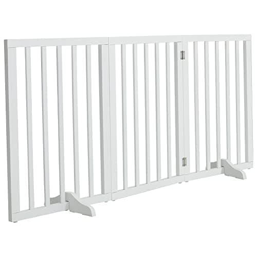 Image of The Fellie Wooden Foldable Dog Gate with Support Feet, Foldable Safety Pet Fence Freestanding Indoor Barrier for House, Doorway, Stairs, 3 Panels(139x60.5cm, White)