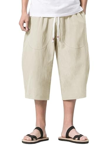 Image of KEFITEVD 3/4 Shorts Mens Knee Length Linen Trousers Summer Cotton Long Shorts Baggy Casual Harem Pants with Pockets Beige 36
