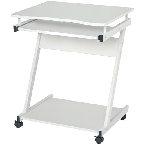Image of HOMCOM Mobile Computer Desk, Z-Shaped Writing Desk, PC Table for Small Spaces, Workstation with 4 Wheels & Sliding Keyboard for Home Office, Easy Assembly, White
