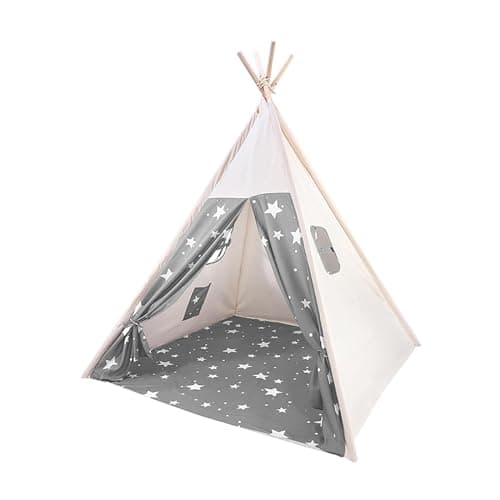 Image of Lifemaison Teepee Tent,160cm Portable Foldable Children’s Play Tent,Tipi Tent for Girls Boys,Wigwam Play Tent for Indoor Outdoor,with Carry Bag & Pocket,Window Design,Foldable Star Canvas Teepee