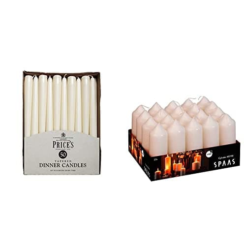 Image of Price's Candles - Tapered Dinner Candles - Pack of 50 - Ivory - Dripless - Unscented - 7 Hour Burn Time & Spaas Tray of 20 Unscented Pillar Candles 40/110 mm, 13 Hours, Ivory