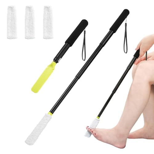 Image of Fanwer Toe Cleaning Brush,Foot Brush with Reusable Drying Covers.Foot Scrubber with Telescopic Aluminum Alloy 12"-24",Long- Handled Toe Lotion Applicator for Seniors,Elderly, Disabled Men and Women