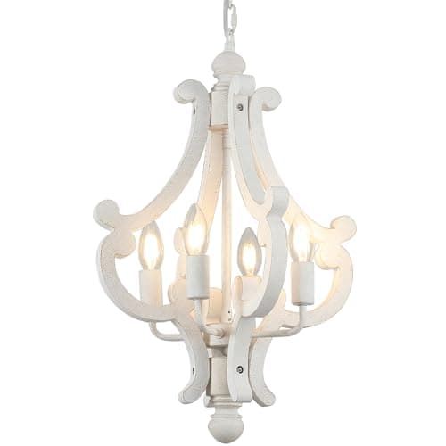 Image of Distressed White Chandelier Ceiling Light, 4 Lights Vintage Wood Living Room Chandelier, Modern Farmhouse Rustic French Country Dining Room Lights Ceiling Pendant Light for Bedroom Kitchen Hallway E14