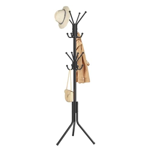 Image of SONGMICS Coat Rack, Metal Coat Tree, Freestanding Organizer for Clothes, Bags, Hats, 175 cm Tall, 16 Hooks, for Entryway, Living Room, Bedroom, Ink Black RCR081BH01