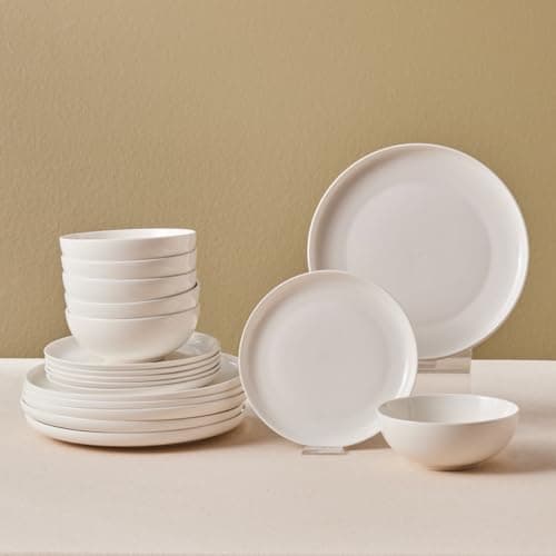 Image of Karaca Streamline Remi White Dinner Plate Set 18-Piece - Kitchen Plates and Bowls Set for 6 People - Bone China Tableware Crockery Set - Dinner Plates, Bowls, Side Plates Dinnerware Sets