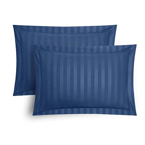 Image of Stripe Satin Oxford Pillowcases 2 Pack Luxury Hotel Quality Premium Breathable, Soft & Cosy Protectors, Navy Blue