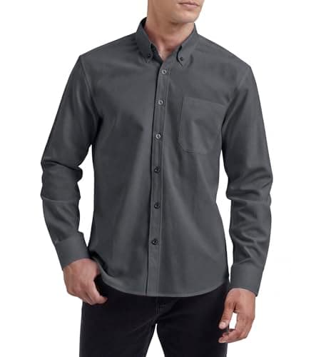 Image of HISDERN Mens Dark Grey Shirts Long Sleeve Oxford Shirt Casual Smart Shirts for Men wiht Pocket Regular Fit Formal Busniess XL
