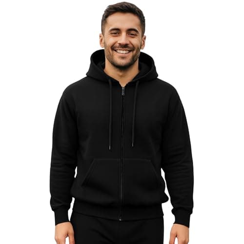 Image of Urban Road Men’s Plain Fleece Zip Hoodie – Full Zip Hooded Sweatshirt with Pockets, 50/50 Cotton Polyester, Casual & Workwear, Regular & Plus Sizes Black