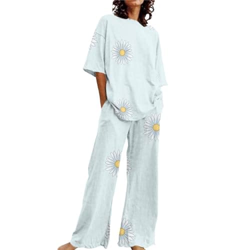 Image of Floral Printing Pyjamas Sets Women Short Sleeve O-Neck Shirts And Wide Leg Pants 2 Piece Pj Sets Lightweight Soft Comfy Loungewear Ladies Nightwear Sleepwear Baggy Pyjama Co Ord Set