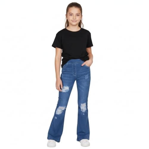 Image of A2Z 4 Kids Girls Denim Jeans Comfort Stretchy Jeggings Bell Bottom Ripped - Jeans JN37 Mid Blue 9-10