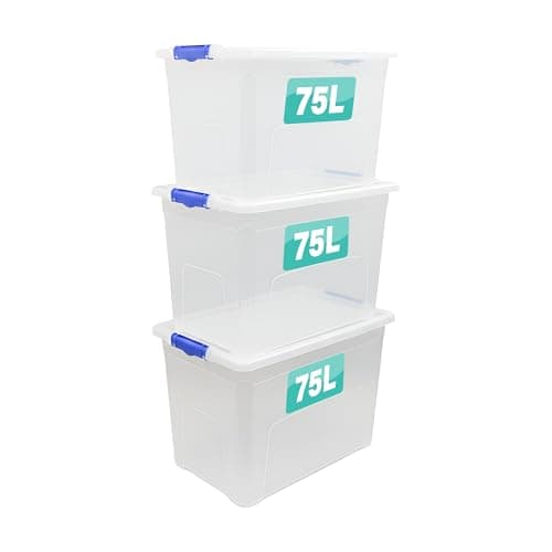 Image of Optimal Products 3 x Storage Boxes With Clip Lock Lids Litre Heavy Duty Clear Stackable Lockable Multipurpose Plastic Storage Box Indoor Outdoor Containers Home,Office,Kitchen,Garage (3 x 75 Litre)