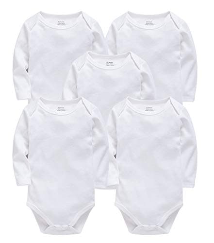 Image of kavkas Long Sleeve Newborn Bodysuits Plain Baby Vest Undershirt Cotton Baby Clothes for Boys and Girls 5 Pack (6-9M) White