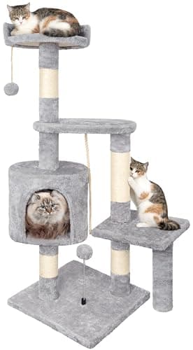 Image of Cat Tree, 112cm Cat Scratching Post for Indoor Cats, Multi-Level Stable Cats Tower with Sisal Scratching Posts, Plush Toy Balls, Cave, Sisal Rope for Kitten Climbing, Playing, Relaxing, Grey