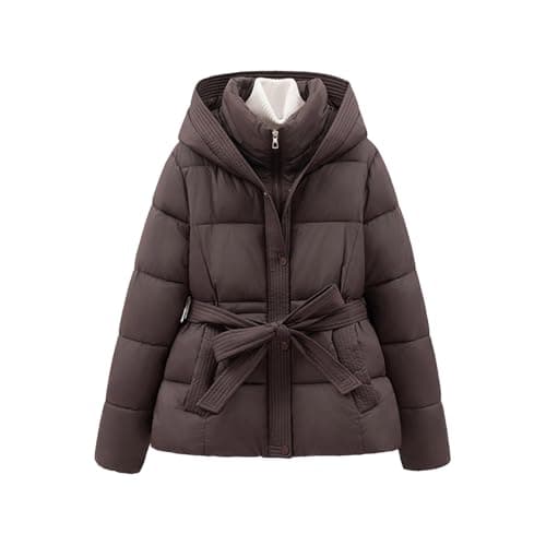 Image of TURWXGSO Winter Coats for Women UK Thermal Lightweight Quilted Padded Jackets Zip Up Long Sleeve Hooded Puffer Jacket with Belt Thickened Warm Cotton Waterproof Outerwear with Pocket