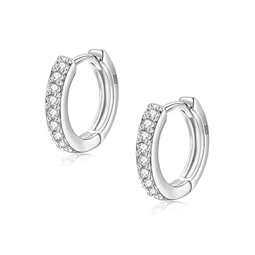 Image of Silver Hoop Earrings for Women - 925 Sterling Silver with Cubic Zirconia - Yellow/White/Rose Gold Plated Gun Black Sleeper Cartilage Hoop Earrings (8/10/12mm)