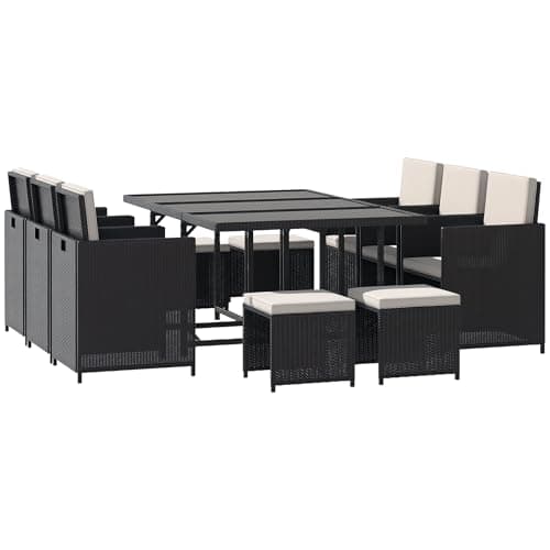 Image of Outsunny 10 Seater Rattan Cube Garden Furniture Set with Cushions, Rattan Dining Set, Outdoor Dining Table and Chairs with 6 Armchairs, 4 Stools, Rectangular Glass Top Table, Black