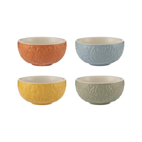 Image of Mason Cash Home to Roost 200ml Preparation Bowls Set of 4 Stoneware Folk-Inspired Hen and Cockerel Style Multicolored Pinch Pots Dip & Dessert Dishes Dishwasher & Microwave Safe Kitchenware