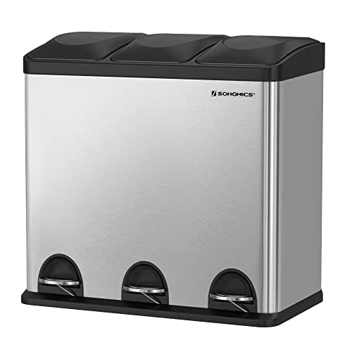 Image of SONGMICS 54L Recycling Bin, Rubbish Bin, Steel Pedal Bin with 3 Sections, Inner Buckets, 6 Sorting Labels, for Easy Waste Separation, Silver and Black LTB54L