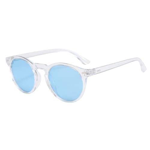 Image of Long Keeper Retro Round Polarised Sunglasses Mens Womens Small Circle Sunglasses Classic Vintage Shades Unisex UV400 Protection Round Sun Glasses (Clear Frame Blue Lens)