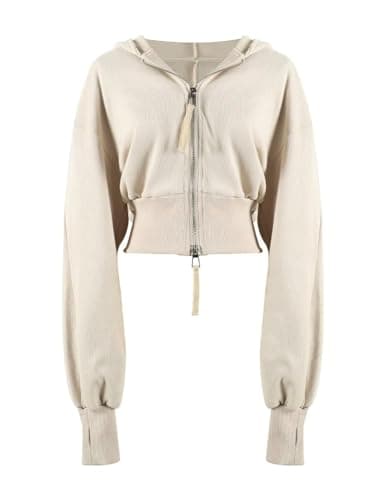 Image of Arssm Cropped Hoodie Women Zip Up Long Sleeve Sweatshirts Casual Fashion Hooded Workout Jacket Crop Top, Beige, S