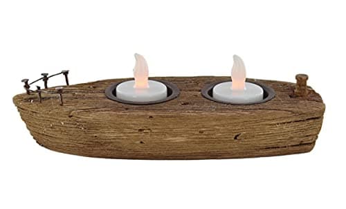 Image of Prezents.com Nautical Double Tea Light Holder, Holds 2 Tea Lights or LED Candles, Indoor, Made From Reclaimed Wood, Handcrafted, Natural Wood Effect, Beach Themed Home Décor, Chic Effect