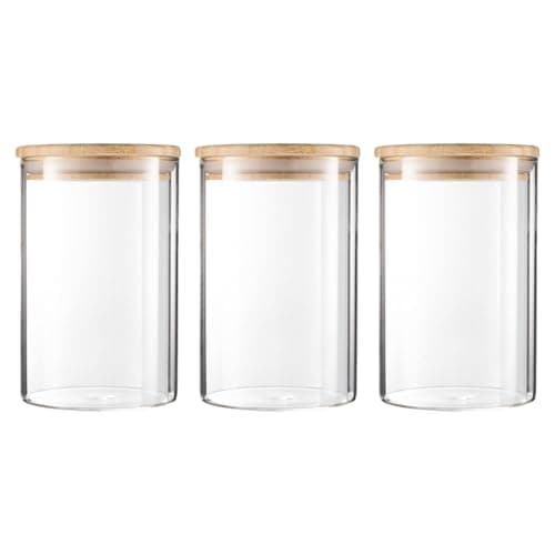 Image of NBBENG Glass Jars with Bamboo Lids, Clear Airtight Food Storage Container Jar with Sealing Lid, Clear Kitchen Canisters for Spice Herbs Pasta Flour Coffee Tea Cookie Snack Seed Set of 3 (750ml)