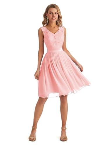 Image of Lecureler Chiffon Lace Body Short Prom Dress Baby Pink Size 14
