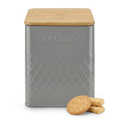 Image of Besto Biscuit Tin Airtight | Biscuit Barrel with Stainless Steel Lid & Airtight Seal | Biscuits Tin & Jar for Storing Cookies & Rusks (Grey Square)
