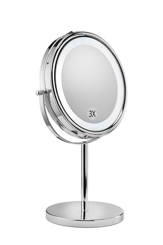 Image of Croydex Chrome Freestanding Pedestal Bathroom Mirror, Illuminated Makeup Mirror with Lights, Double-Sided Magnifying x3, Sleek Design, 1x True View, Illuminated Edge, No Fittings Required